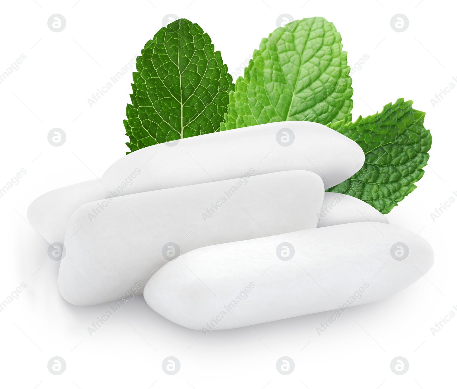 Image of Menthol chewing gum pillows and mint leaves on white background