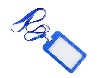 Photo of Blue badge isolated on white, top view