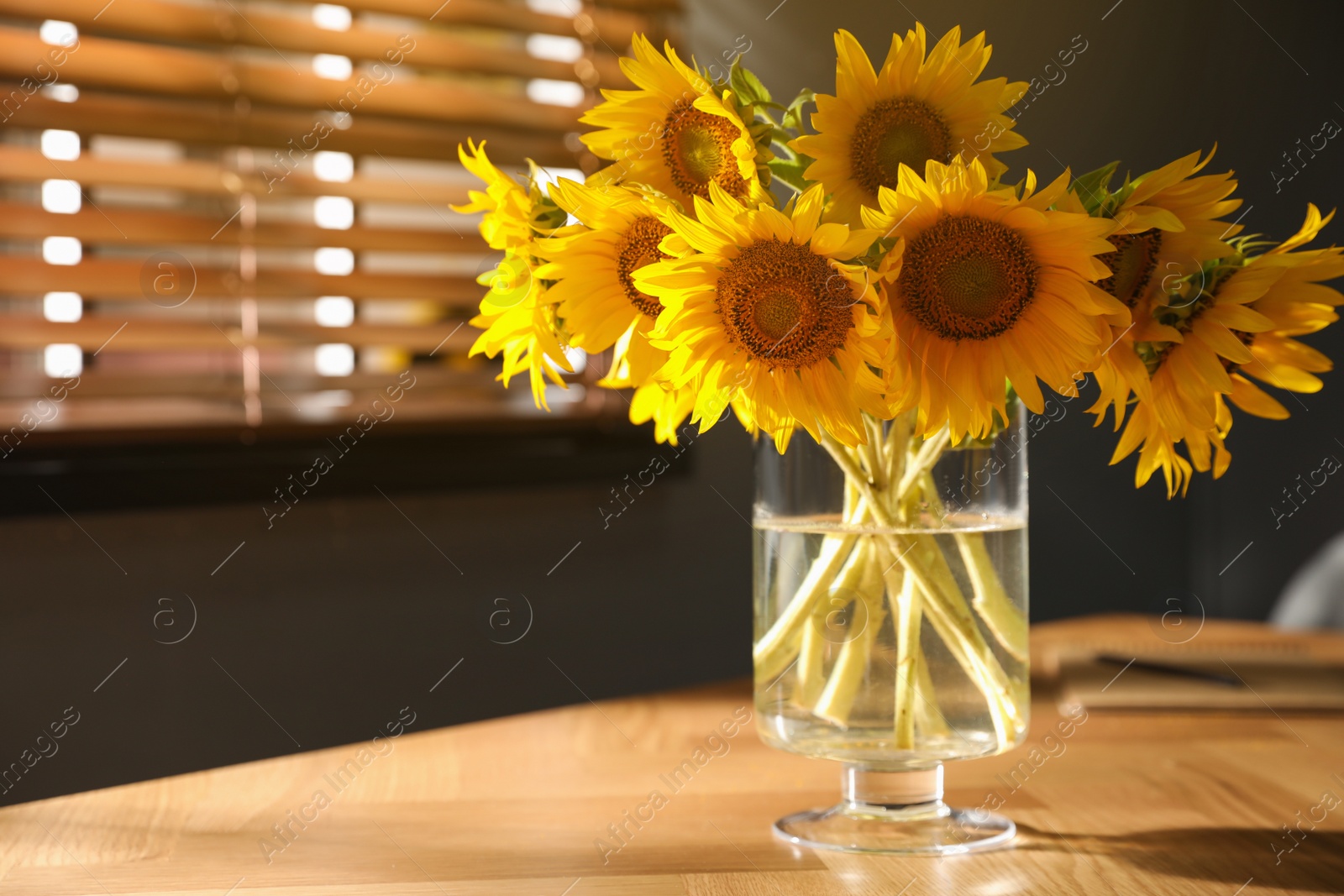 Photo of Bouquet of beautiful sunflowers on table in room. Space for text
