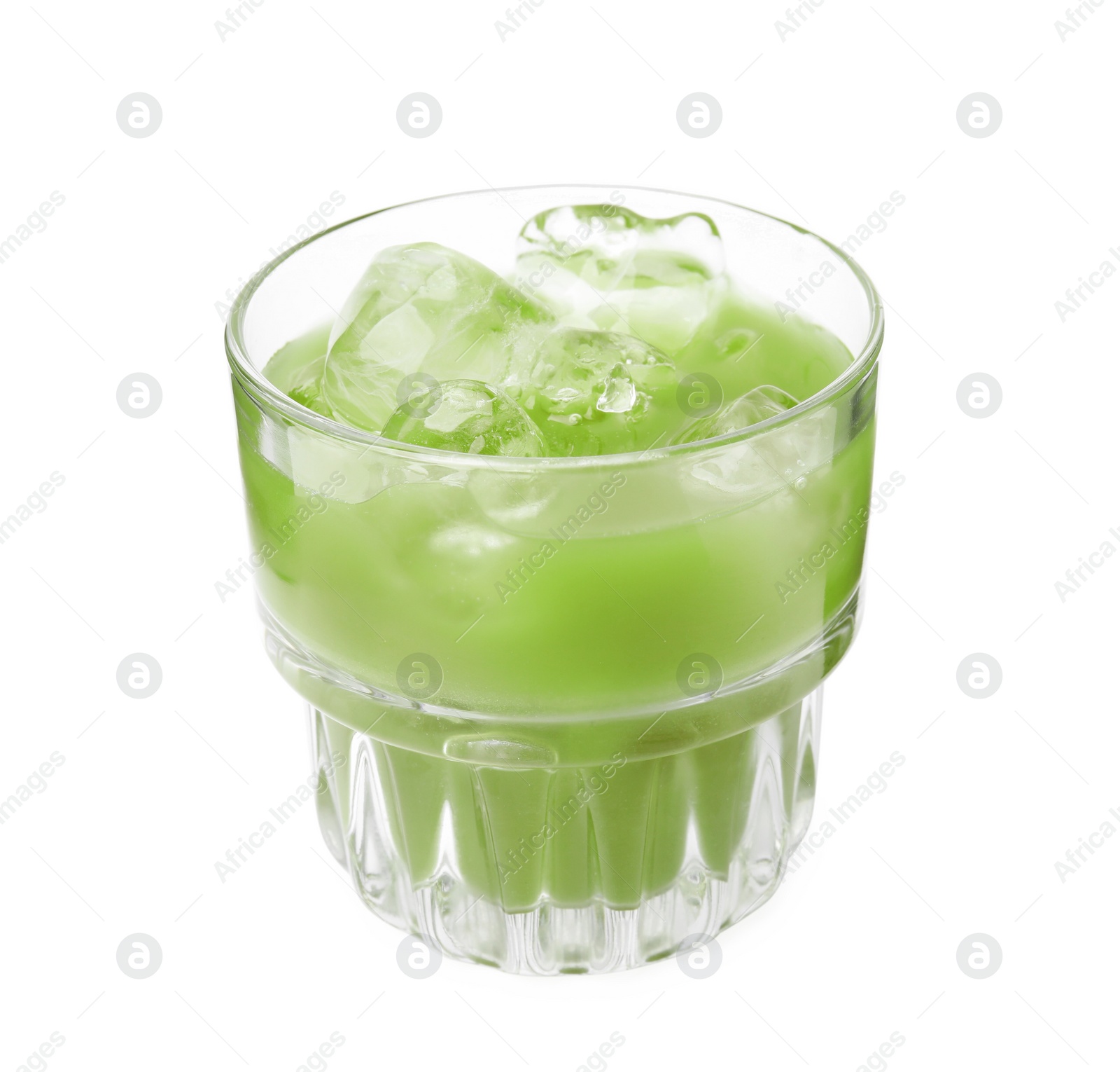 Photo of Glass of delicious iced green matcha tea isolated on white