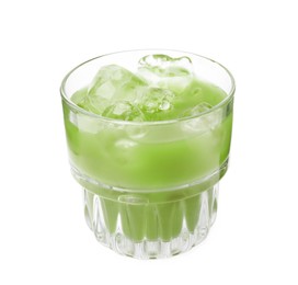 Glass of delicious iced green matcha tea isolated on white