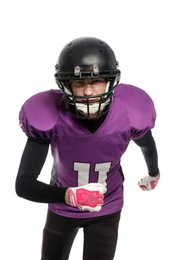 American football player wearing uniform on white background