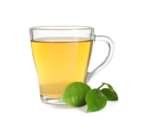 Photo of Tasty green tea and fresh leaves on white background