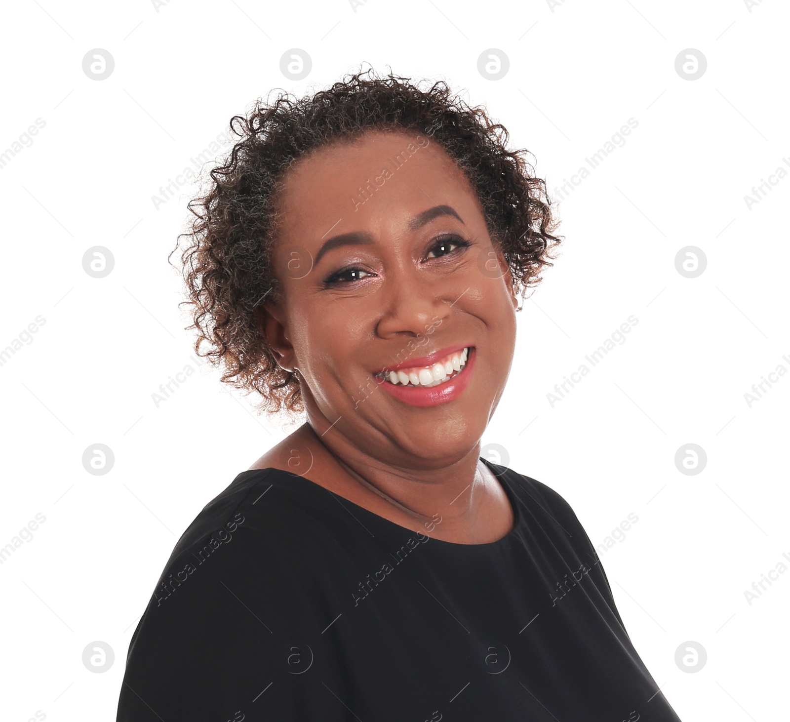 Photo of Portrait of happy African-American woman on white background