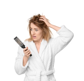 Young woman with hair loss problem on white background