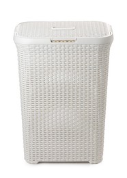 One empty plastic laundry basket isolated on white