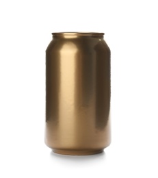 Tin can with beverage on white background