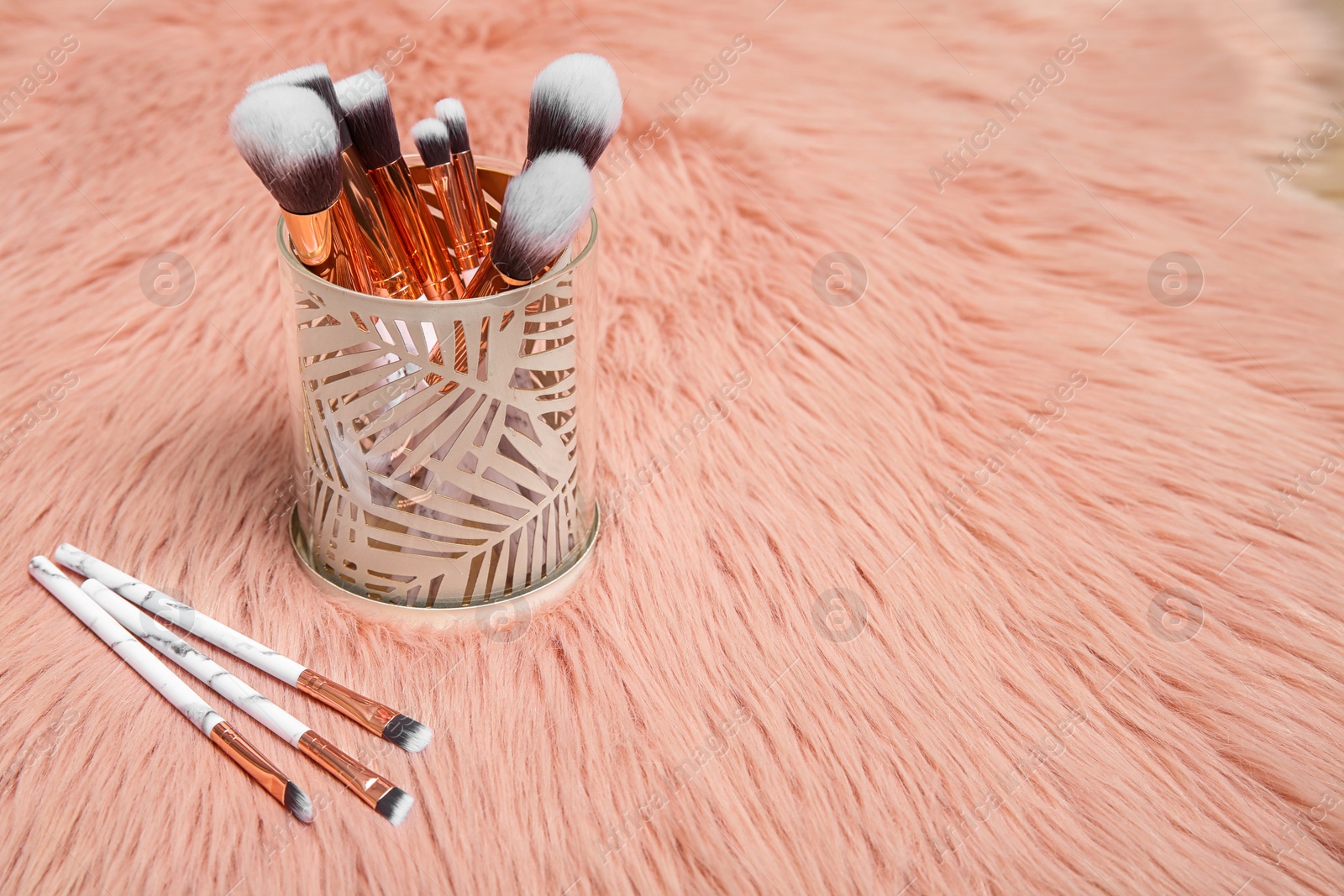 Photo of Organizer with professional makeup brushes on furry fabric. Space for text