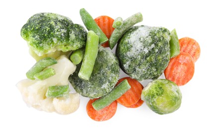Photo of Mix of different frozen vegetables isolated on white, top view