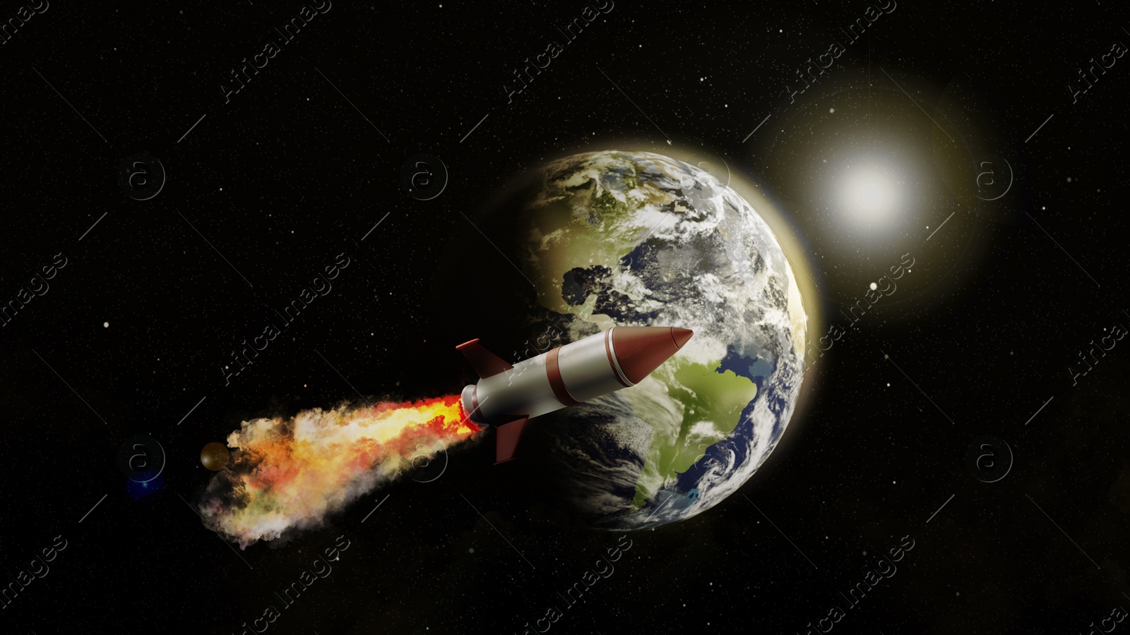 Image of Rocket flying near planet in space, banner design