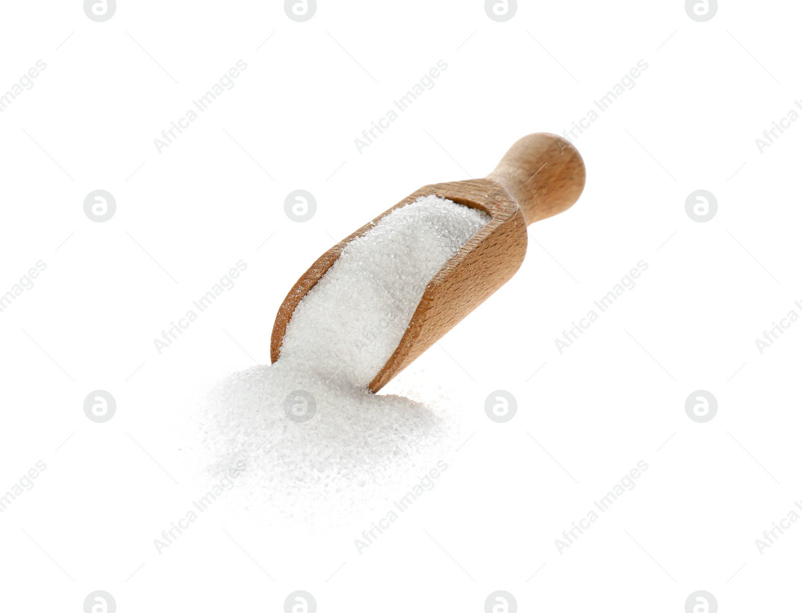 Photo of Wooden scoop with salt isolated on white