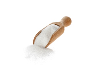 Photo of Wooden scoop with salt isolated on white