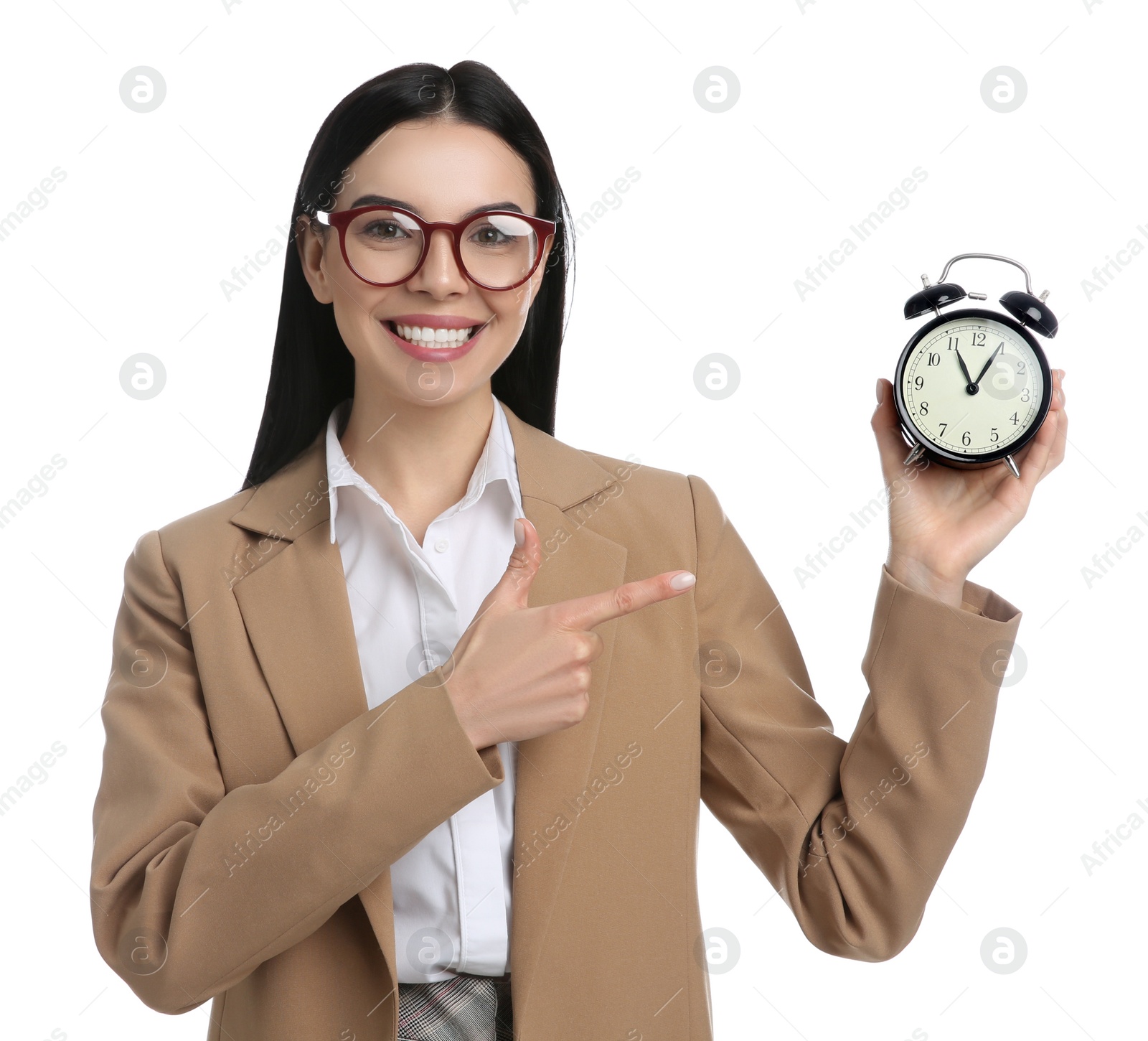 Photo of Businesswoman holding alarm clock on white background. Time management