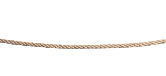 Photo of Strong nautical cotton rope on white background