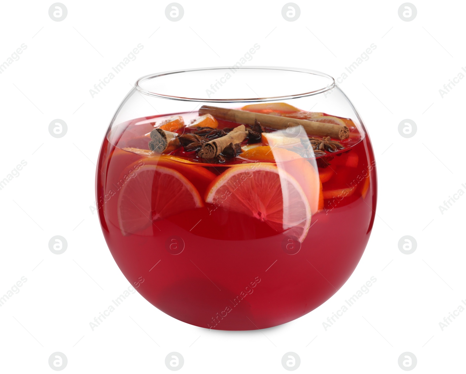 Photo of Glass bowl of delicious aromatic punch drink isolated on white