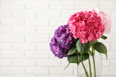 Photo of Vase with beautiful hortensia flowers near white brick wall. Space for text