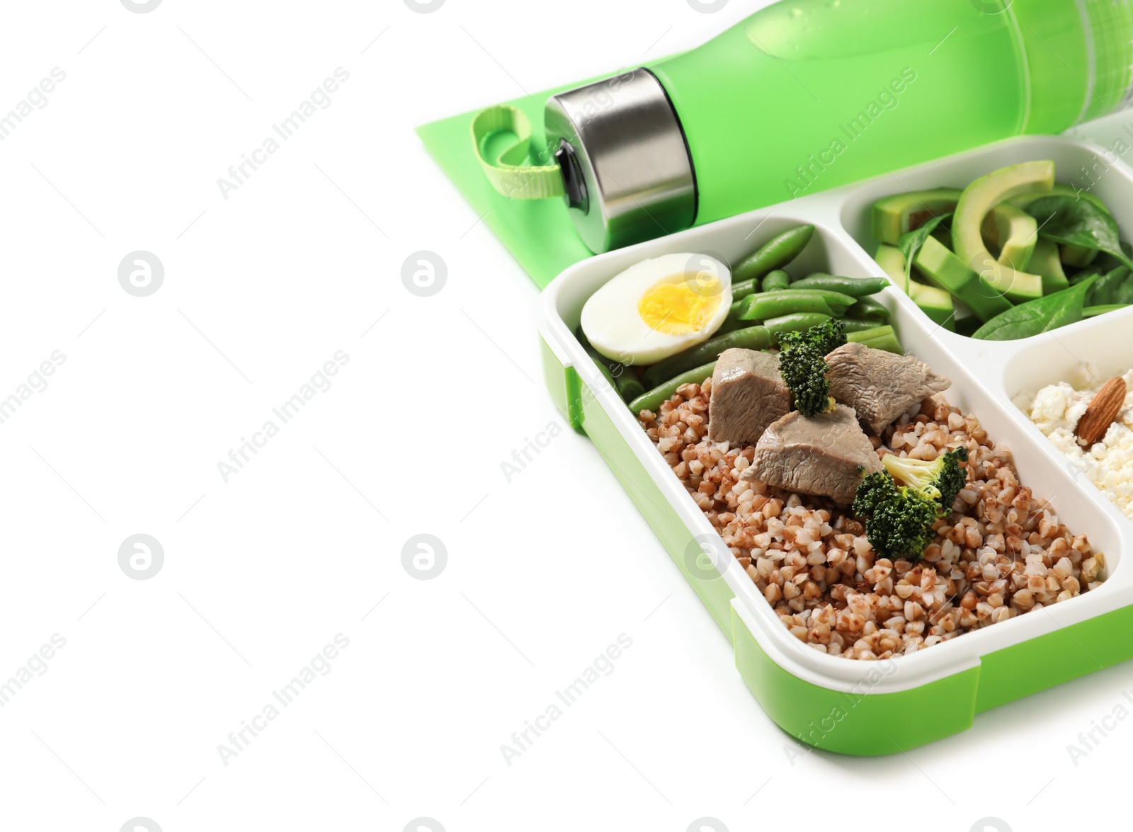 Photo of Container with natural protein food on white background. Space for text
