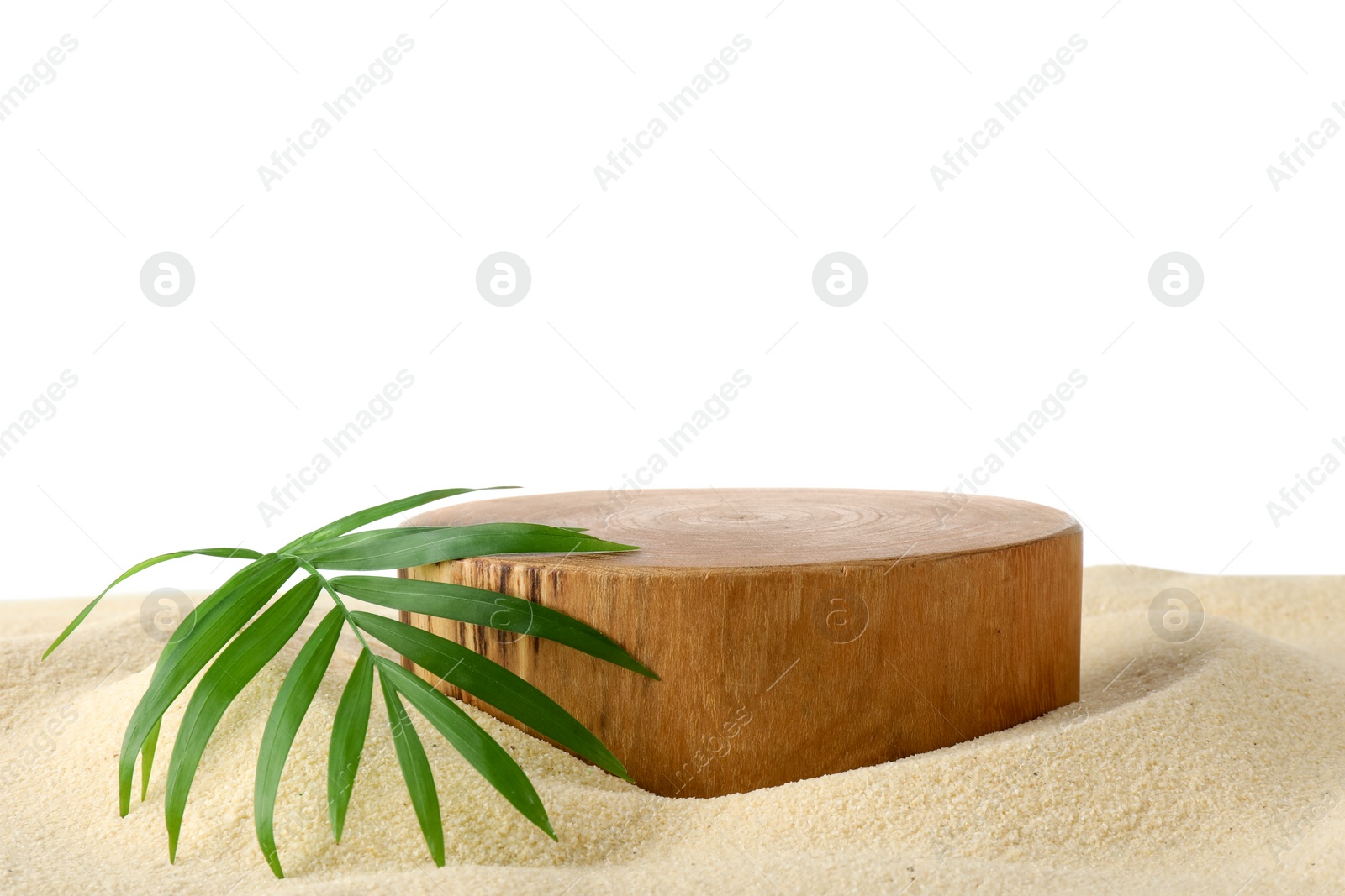 Photo of Presentation of product. Wooden podium and palm Leaf on sand against white background