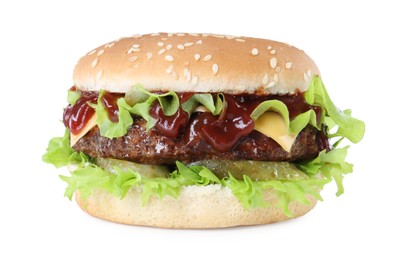 Photo of Burger with delicious patty isolated on white