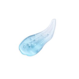 Smear of light blue ointment on white background, top view