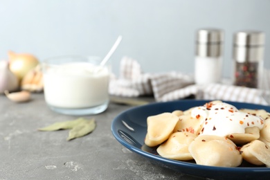 Photo of Delicious cooked dumplings with sour cream on grey table. Space for text