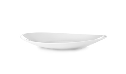 Photo of Ceramic plate on white background. Washing dishes