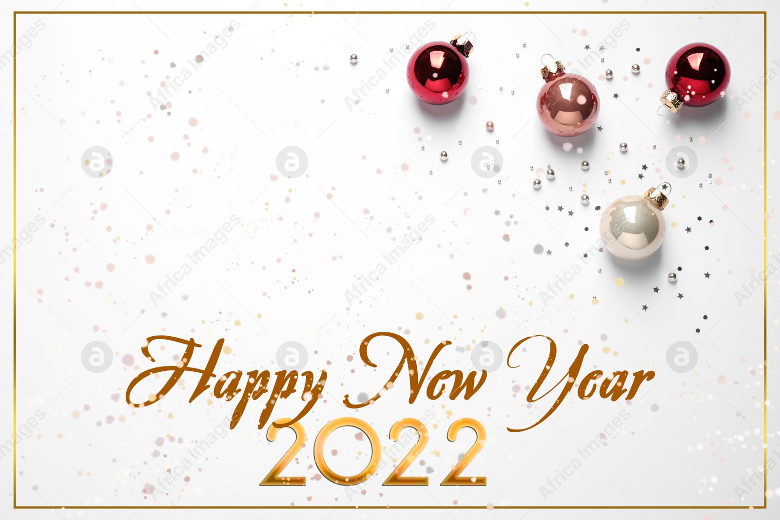 Image of Happy New 2022 Year! Beautiful baubles and confetti on white background, top view 