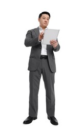 Photo of Businessman in suit using tablet on white background, low angle view