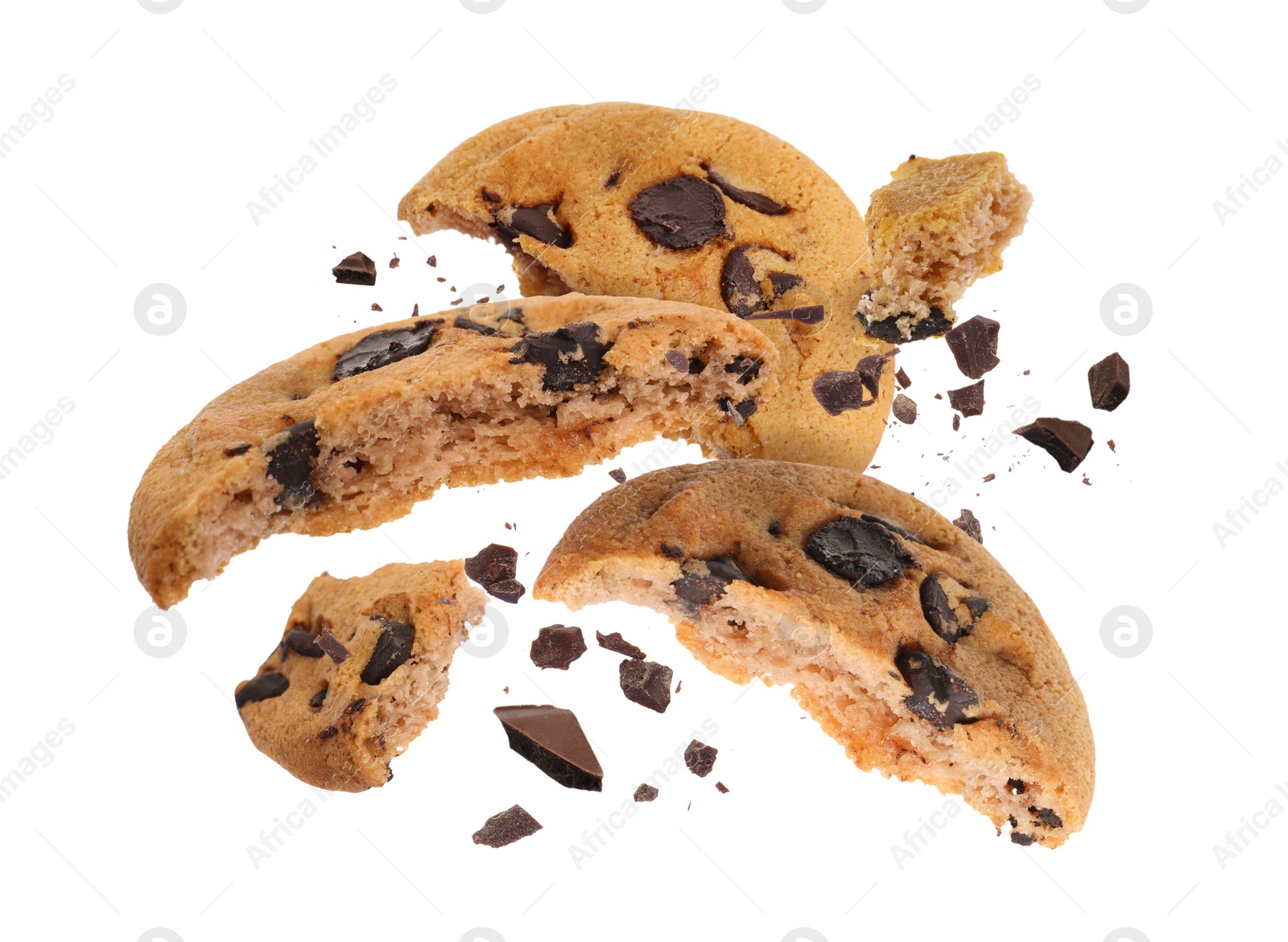 Image of Tasty chocolate chip cookies falling on white background