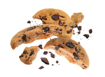 Image of Tasty chocolate chip cookies falling on white background