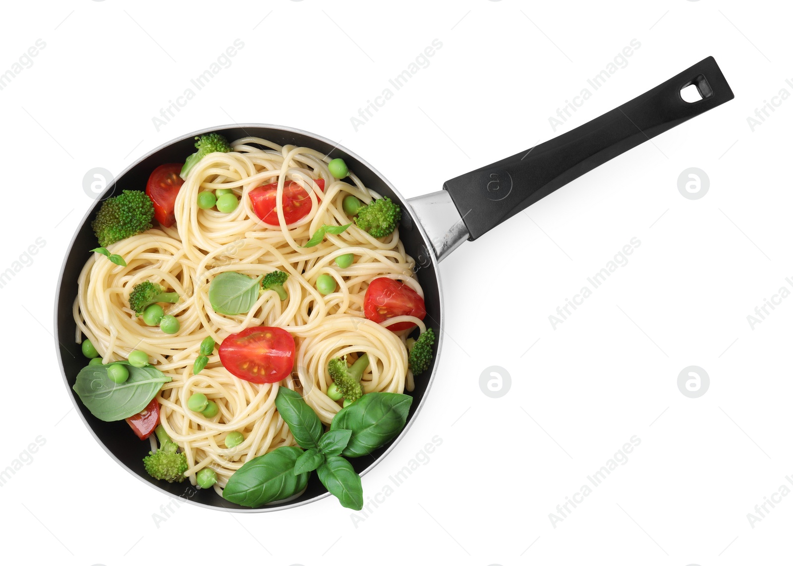 Photo of Delicious pasta primavera in frying pan isolated on white, top view