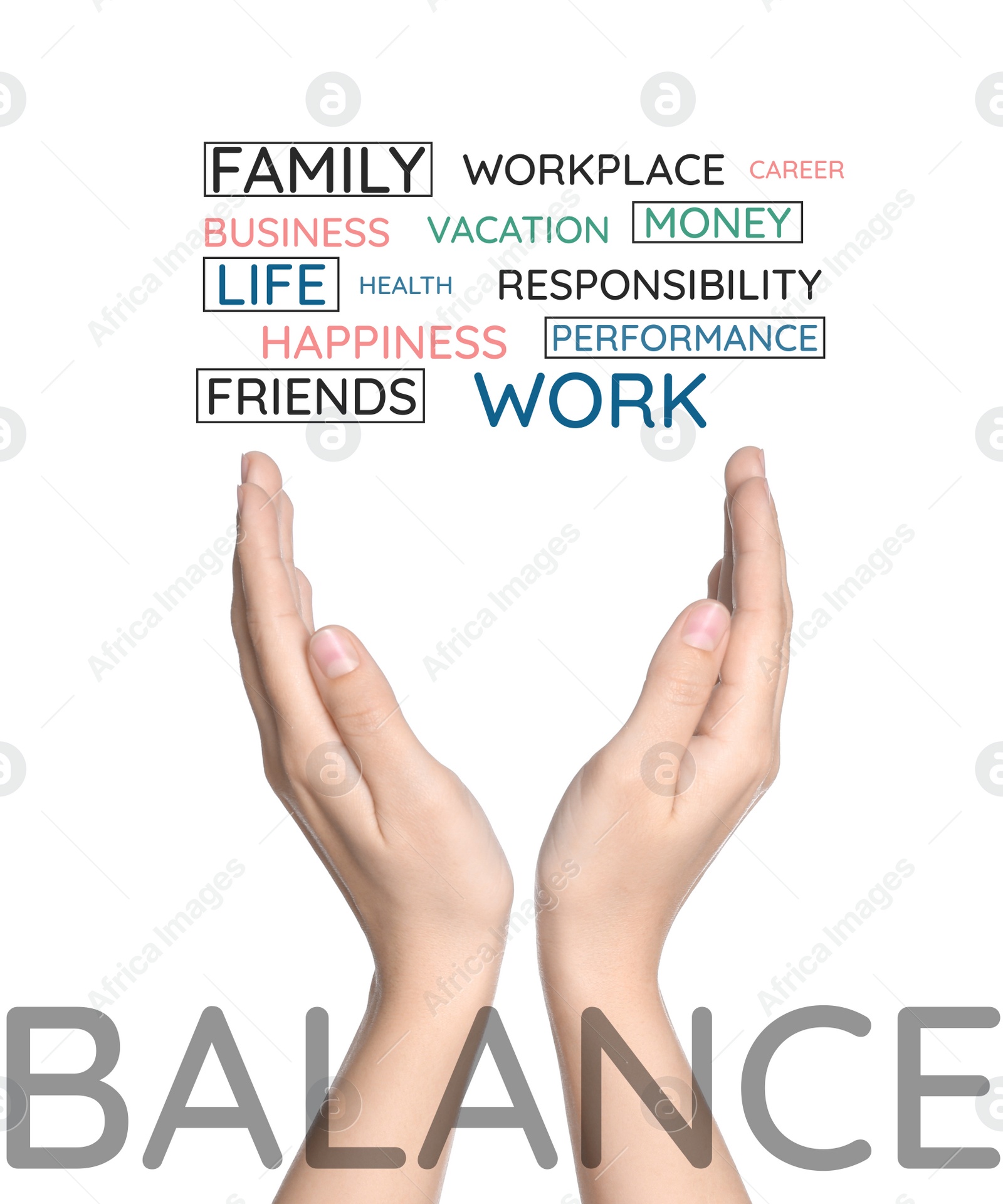 Image of Work-life balance concept. Woman demonstrating words on white background, closeup