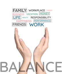 Image of Work-life balance concept. Woman demonstrating words on white background, closeup