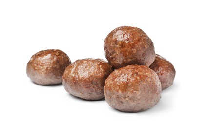Many tasty cooked meatballs on white background