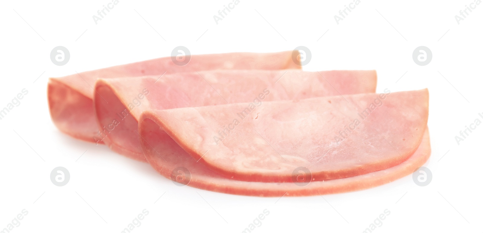 Photo of Slices of tasty fresh ham isolated on white