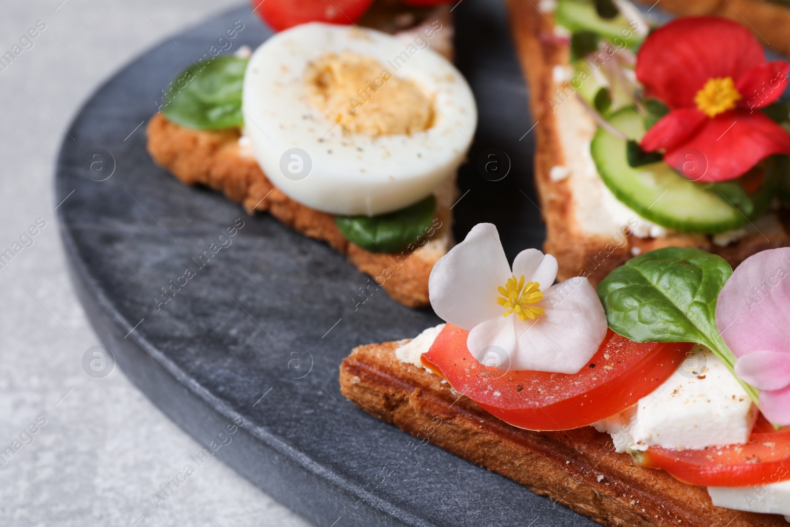 Photo of Different tasty sandwiches served on grey table, closeup