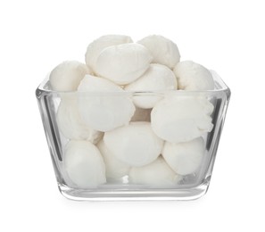 Bowl with mozzarella cheese balls on white background