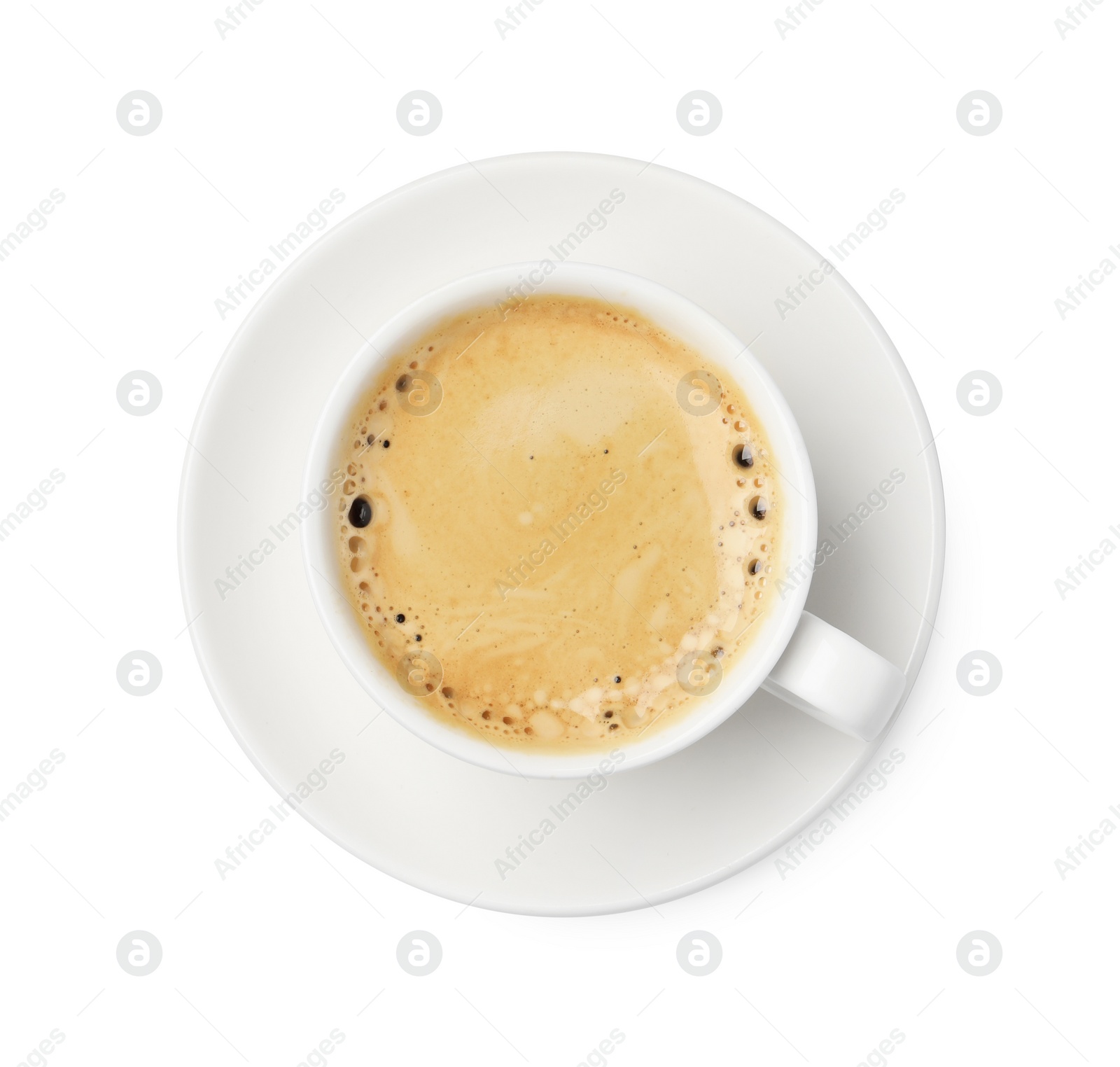 Photo of Tasty coffee with foam in cup isolated on white, top view