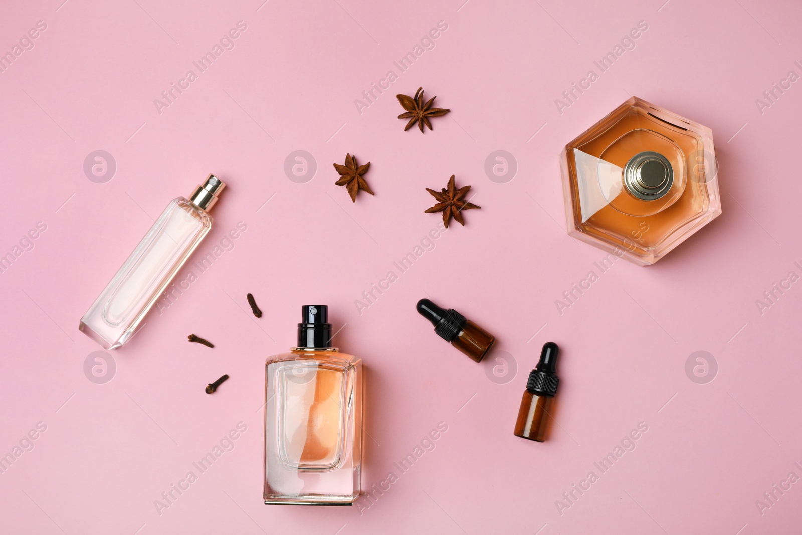 Photo of Bottles of perfume and spices on color background, top view