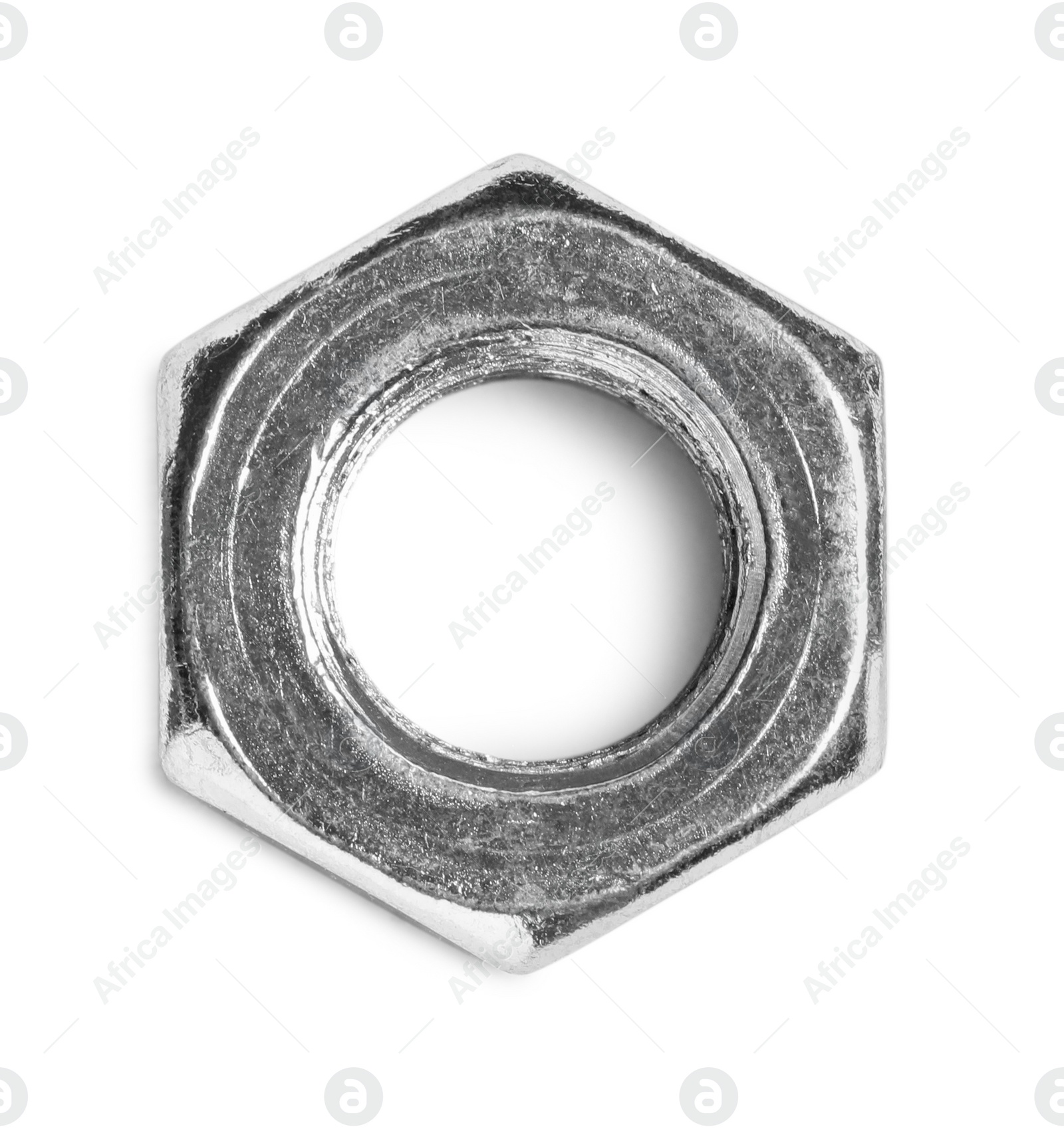 Photo of One metal nut on white background, top view