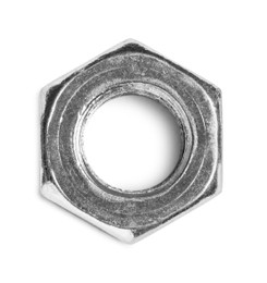 Photo of One metal nut on white background, top view