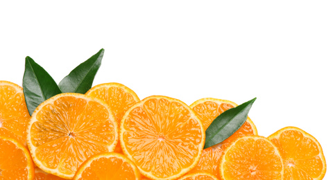 Photo of Composition with slices of fresh ripe tangerines and leaves on white background, top view. Citrus fruit