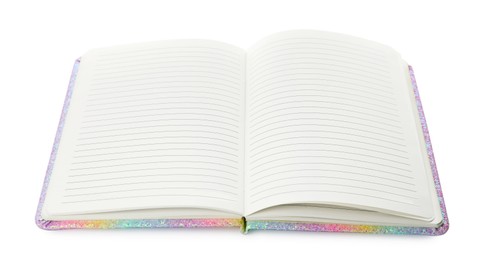 Photo of Stylish open notebook with blank sheets isolated on white