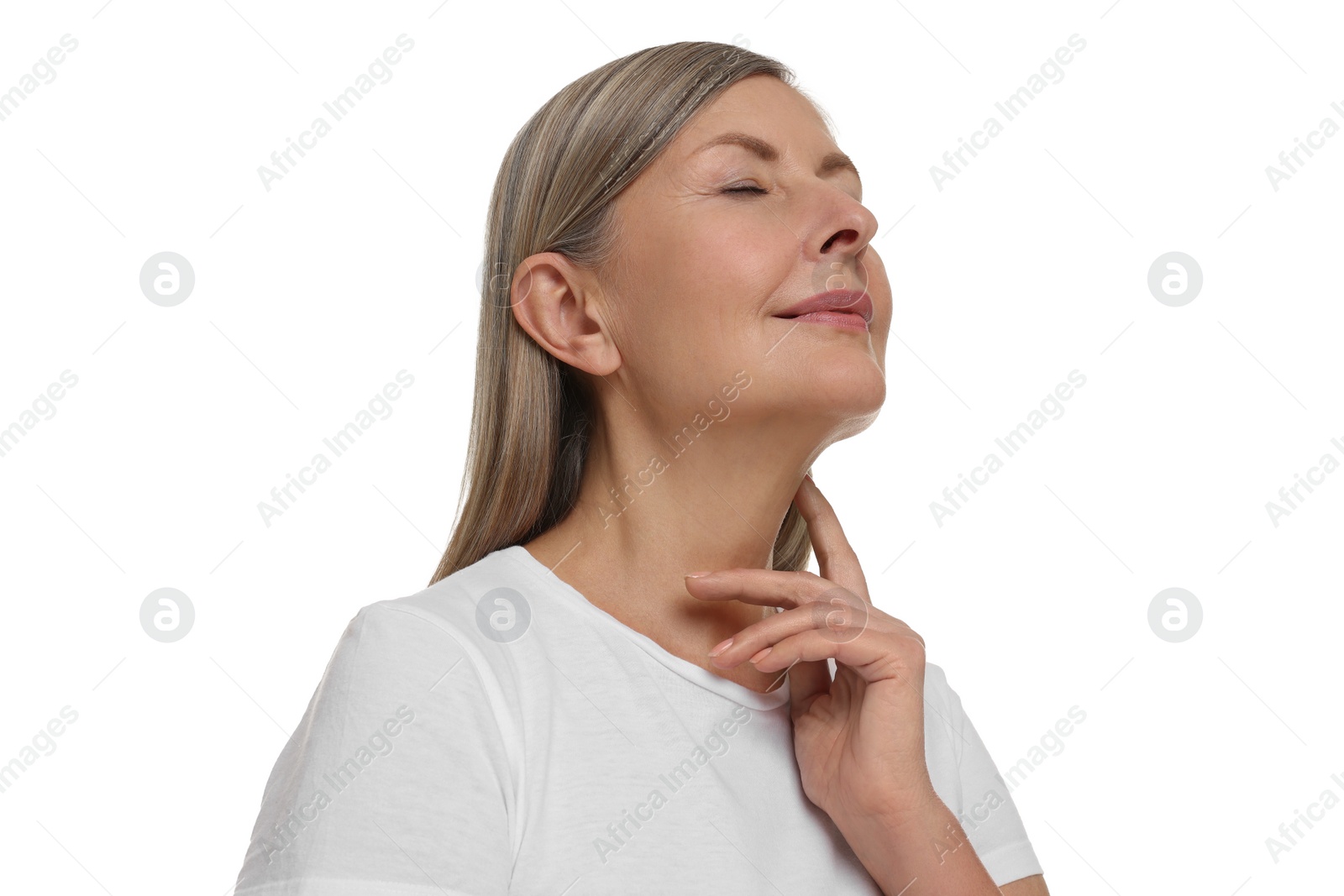 Photo of Beautiful woman touching her neck on white background