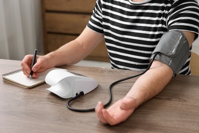 Photo of Man measuring blood pressure and writing it down into notebook in room, closeup
