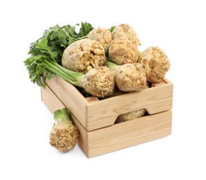 Wooden crate and fresh raw celery roots isolated on white