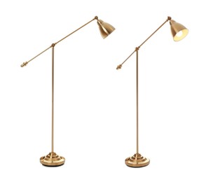 Stylish floor lamps on white background, collage