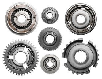 Image of Set with different stainless steel gears on white background, top view