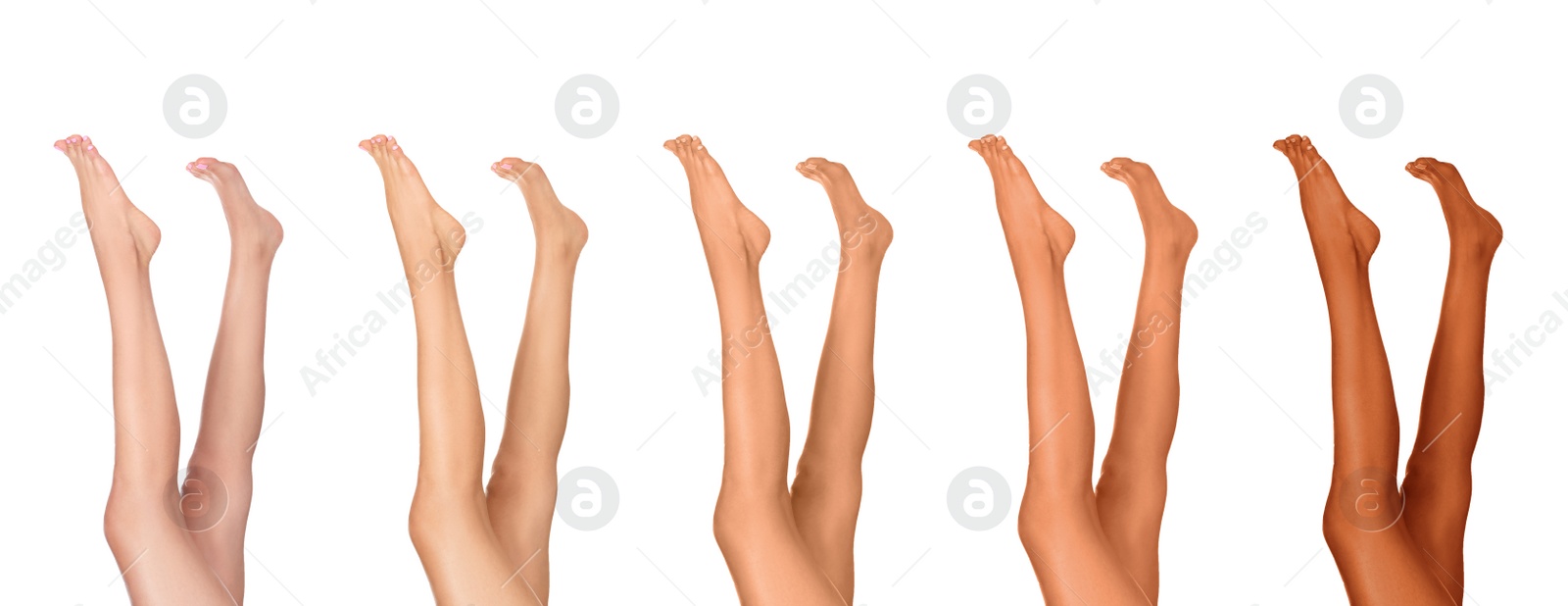 Image of Closeup view of woman with beautiful legs on white background, banner design. Collage showing stages of suntanning