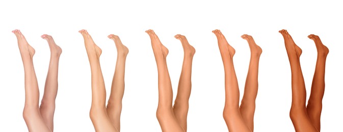 Image of Closeup view of woman with beautiful legs on white background, banner design. Collage showing stages of suntanning